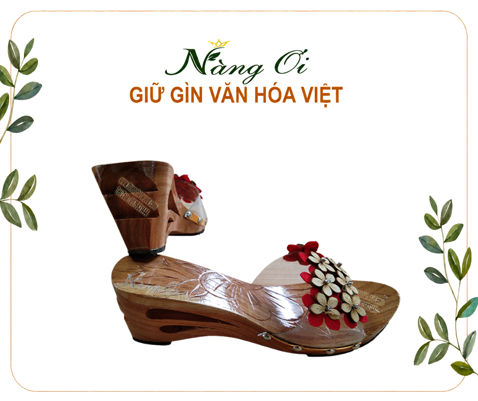 guốc gỗ với quai nhựa trong đính hoa cao 8cm